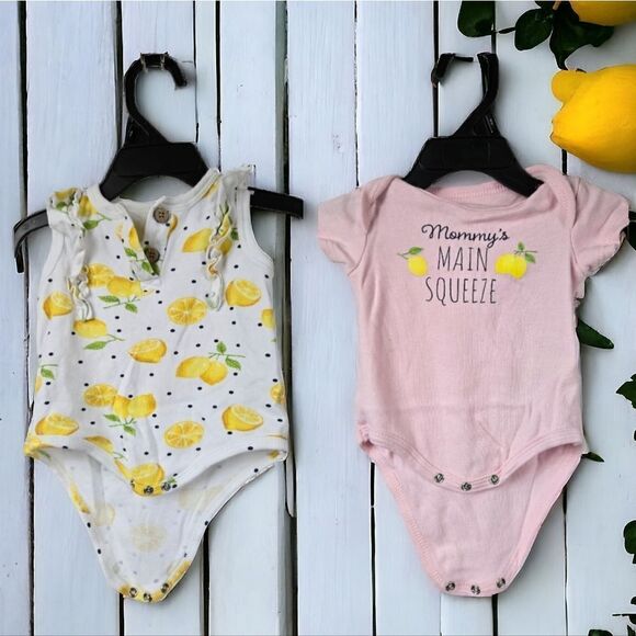Baby Girl 2pc Lemon Print Onesie Bodysuit Playwear Fruit 6-9M Pink Yellow Bundle - Picture 8 of 8